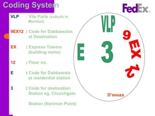 Coding System
VLP : Vile Parle (suburb in
Mumbai)
9EX12 : Code for Dabbawalas
at Destination
EX : Express Towers
(building name)
12 : Floor no.
E : Code for Dabbawala
at residential station
3 : Code for destination
Station eg. Churchgate
Station (Nariman Point)
D’souza
 