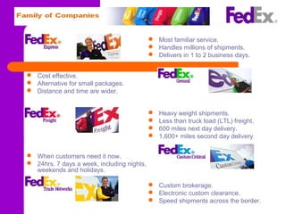  Cost effective.
 Alternative for small packages.
 Distance and time are wider.
 When customers need it now.
 24hrs. 7 days a week, including nights,
weekends and holidays.
 Most familiar service.
 Handles millions of shipments.
 Delivers in 1 to 2 business days.
 Heavy weight shipments.
 Less than truck load (LTL) freight.
 600 miles next day delivery.
 1,600+ miles second day delivery.
 Custom brokerage.
 Electronic custom clearance.
 Speed shipments across the border.
 