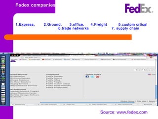 Fedex companies:
1.Express, 2.Ground, 3.office, 4.Freight 5.custom crtical
6.trade networks 7. supply chain
Source: www.fedex.com
 