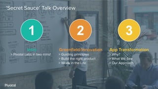 1
Intro
> Pivotal Labs in two mins!
Greenﬁeld/Innovation
> Guiding principles
> Build the right product
> Week in the Life
App Transformation
> Why?
> What We See
> Our Approach
2 3
‘Secret Sauce’ Talk Overview
 