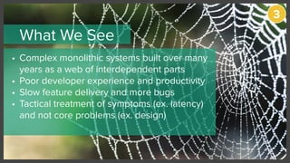 What We See
• Complex monolithic systems built over many
years as a web of interdependent parts
• Poor developer experience and productivity
• Slow feature delivery and more bugs
• Tactical treatment of symptoms (ex. latency)
and not core problems (ex. design)
3
 