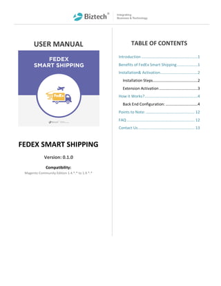 USER MANUAL
FEDEX SMART SHIPPING
Version: 0.1.0
Compatibility:
Magento Community Edition 1.4.*.* to 1.9.*.*
TABLE OF CONTENTS
Introduction ......................................................1
Benefits of FedEx Smart Shipping....................1
Installation& Activation....................................2
Installation Steps...........................................2
Extension Activation .....................................3
How it Works?...................................................4
Back End Configuration: ...............................4
Points to Note:............................................... 12
FAQ ................................................................. 12
Contact Us ...................................................... 13
 