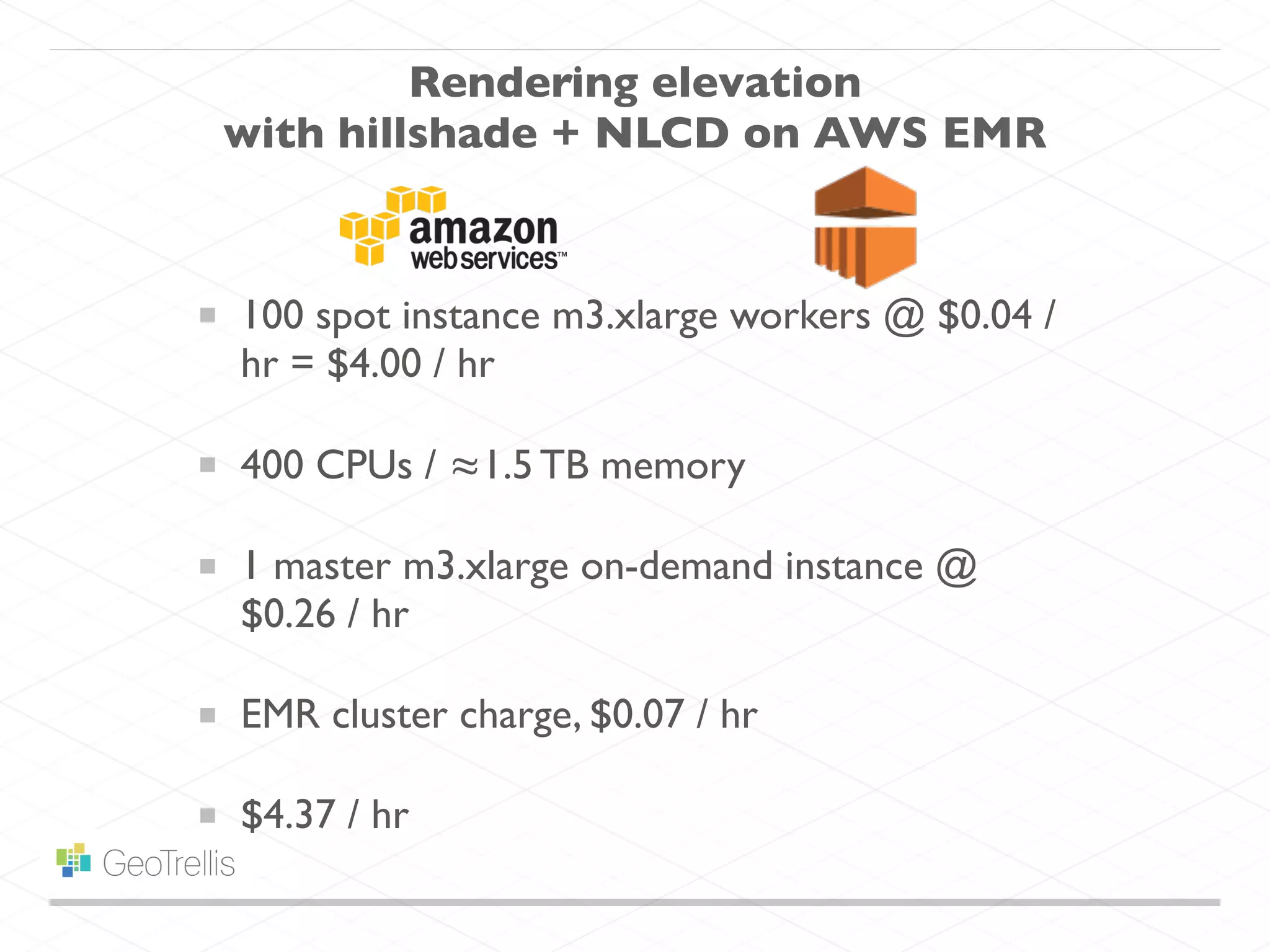 100 spot instance m3.xlarge workers @ $0.04 /
hr = $4.00 / hr
400 CPUs / ≈1.5 TB memory
1 master m3.xlarge on-demand instance @
$0.26 / hr
EMR cluster charge, $0.07 / hr
$4.37 / hr
Rendering elevation
with hillshade + NLCD on AWS EMR
 