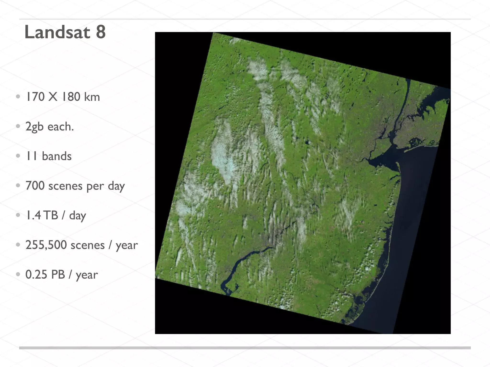 • 170 X 180 km
• 2gb each.
• 11 bands
• 700 scenes per day
• 1.4 TB / day
• 255,500 scenes / year
• 0.25 PB / year
Landsat 8
 