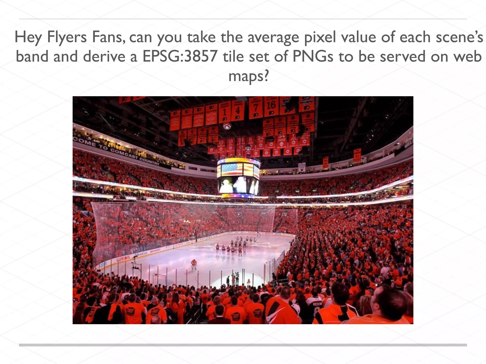 Hey Flyers Fans, can you take the average pixel value of each scene’s
band and derive a EPSG:3857 tile set of PNGs to be served on web
maps?
 