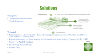 API Query “Find all Providers X miles from Y for these Beneficiaries”
Foreground Data
From Integrated Data
Repository (IDR)
Background Map
From ArcGIS –
Internal & External
Web Application
Map Sandwich
Managerial
• Transparent Communication
• Timely Escalation
Technical
• Infrastructure as a Service (IaaS) – Rapid piloting & prototyping in Amazon Web Services (AWS) as
AWS Partner – Takeaway Alert!
• Internal Basemaps – e.g. Aerial imagery from National Agriculture Imagery Program (NAIP), USDA
• Citrix – For ArcGIS Desktop
• Pass-through System Design
• Reverse Proxy
Solutions
Feb 2017 Harsh Prakash, PMP, GISP 7 / 10
Fiddler
 