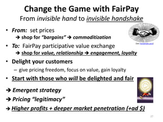 Change the Game with FairPay
From invisible hand to invisible handshake
27
• From: set prices
 shop for “bargains”  commoditization
• To: FairPay participative value exchange
 shop for value, relationship  engagement, loyalty
• Delight your customers
– give pricing freedom, focus on value, gain loyalty
• Start with those who will be delighted and fair
 Emergent strategy
 Pricing “legitimacy”
 Higher profits + deeper market penetration (+ad $)
(See Handshake post)
 