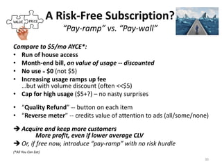 A Risk-Free Subscription?
“Pay-ramp” vs. “Pay-wall”
30
Compare to $5/mo AYCE*:
• Run of house access
• Month-end bill, on value of usage -- discounted
• No use = $0 (not $5)
• Increasing usage ramps up fee
…but with volume discount (often <<$5)
• Cap for high usage ($5+?) – no nasty surprises
• “Quality Refund” -- button on each item
• “Reverse meter” -- credits value of attention to ads (all/some/none)
 Acquire and keep more customers
More profit, even if lower average CLV
 Or, if free now, introduce “pay-ramp” with no risk hurdle
(*All You Can Eat)
 