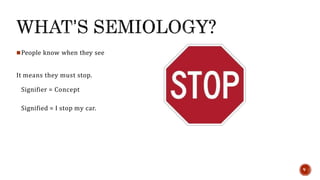People know when they see
It means they must stop.
Signifier = Concept
Signified = I stop my car.
9
 