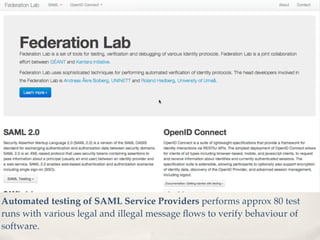 Automated testing of SAML Service Providers performs approx 80 test
runs with various legal and illegal message ﬂows to verify behaviour of
software.
 