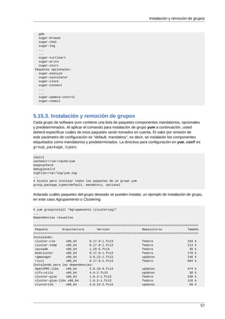 Instalación y remoción de grupos



   gdm
   sugar-browse
   sugar-chat
   sugar-log
   ...
   ...
   sugar-turtleart
   sugar-write
   sugar-xoirc
 Paquetes opcionales:
   sugar-analyze
   sugar-calculator
   sugar-clock
   sugar-connect
   ...
   ...
   sugar-update-control
   sugar-xomail




5.15.3. Instalación y remoción de grupos
Cada grupo de software yum contiene una lista de paquetes componentes mandatorios, opcionales
y predeterminados. Al aplicar el comando para instalación de grupo yum a continuación, usted
deberá especificar cuáles de esos paquetes serán tomados en cuenta. El valor por omisión de
este parámetro de configuración es "default, mandatory", es decir, se instalarán los componentes
etiquetados como mandatorios y predeterminados. La directiva para configuración en yum.conf es
group_package_types:

[main]
cachedir=/var/cache/yum
keepcache=0
debuglevel=2
logfile=/var/log/yum.log
...
# Ajuste para instalar todos los paquetes de un grupo yum
group_package_types=default, mandatory, optional


Aclarado cuáles paquetes del grupo deseado se pueden instalar, un ejemplo de instalación de grupo,
en este caso Agrupamiento o Clustering.

# yum groupinstall "Agrupamiento (clustering)"
...
Dependencias resueltas

===========================================================================================
 Paquete        Arquitectura       Versión                  Repositorio              Tamaño
===========================================================================================
Instalando:
 cluster-cim      x86_64       0.17.0-1.fc13                fedora                   104 k
 cluster-snmp     x86_64       0.17.0-1.fc13                fedora                   113 k
 ipvsadm          x86_64       1.25-5.fc13                  fedora                    39 k
 modcluster       x86_64       0.17.0-1.fc13                fedora                   179 k
 rgmanager        x86_64       3.0.12-1.fc13                updates                  146 k
 ricci            x86_64       0.17.0-1.fc13                fedora                   604 k
Instalando para las dependencias:
 OpenIPMI-libs    x86_64       2.0.16-9.fc13                updates                  474 k
 cifs-utils       x86_64       4.5-2.fc13                   updates                   38 k
 cluster-glue     x86_64       1.0.2-1.fc13                 fedora                   230 k
 cluster-glue-libs x86_64      1.0.2-1.fc13                 fedora                   116 k
 clusterlib       x86_64       3.0.12-2.fc13                updates                   69 k




                                                                                                   57
 
