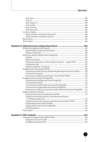 Spis treści


                      mod_status .......................................................................................................................... 488
                      mod_ssl ................................................................................................................................ 488
                      mod_unique_id .................................................................................................................. 488
                      mod_userdir ........................................................................................................................ 489
                      mod_usertrack .................................................................................................................... 489
                      mod_vhost_alias ................................................................................................................. 489
                  Serwery wirtualne ...................................................................................................................... 489
                      Węzły wirtualne rozróżniane adresami IP ..................................................................... 490
                      Węzły wirtualne rozróżniane nazwami ........................................................................... 490
                  Rejestrowanie ............................................................................................................................. 492
                  Warto zajrzeć ............................................................................................................................. 494

Rozdział 18. Administrowanie usługami baz danych .................................................. 495
                  Krótkie wprowadzenie do baz danych ................................................................................... 497
                     Zasada działania relacyjnych baz danych ....................................................................... 498
                     Podstawy języka SQL ......................................................................................................... 500
                  Wybór bazy danych: MySQL kontra PostgreSQL ................................................................ 505
                     Szybkość ............................................................................................................................... 505
                     Blokowanie danych ............................................................................................................ 505
                     Przetwarzanie transakcji a ochrona spójności danych — reguły ACID .................... 506
                     Podzapytania SQL .............................................................................................................. 507
                     Języki proceduralne i wyzwalacze .................................................................................... 507
                  Konfigurowanie bazy danych MySQL ................................................................................... 508
                     Przypisywanie hasła do konta użytkownika głównego bazy danych MySQL ........... 509
                     Tworzenie bazy danych ..................................................................................................... 510
                     Przyznawanie i odbieranie uprawnień w bazie danych MySQL ................................. 510
                  Konfigurowanie bazy danych PostgreSQL ............................................................................ 512
                     Inicjalizowanie katalogu danych bazy PostgreSQL ....................................................... 513
                     Tworzenie bazy danych ..................................................................................................... 514
                     Tworzenie kont użytkowników bazy danych PostgreSQL ........................................... 515
                     Usuwanie kont użytkowników bazy danych PostgreSQL ............................................ 516
                     Przyznawanie i odbieranie uprawnień użytkownikom bazy danych PostgreSQL ... 517
                  Programy-klienty baz danych .................................................................................................. 517
                     Dostęp do bazy danych za pośrednictwem SSH ............................................................ 518
                     Dostęp do serwera bazy danych za pośrednictwem klientów
                       z interfejsem graficznym ................................................................................................. 519
                     Dostęp do serwera bazy danych za pośrednictwem interfejsu WWW ...................... 520
                     Program klienta bazy danych MySQL ............................................................................. 521
                     Program klienta bazy danych PostgreSQL ..................................................................... 523
                     Interfejsy graficzne ............................................................................................................. 523
                  Warto zajrzeć ............................................................................................................................. 524

Rozdział 19. Pliki i drukarki ............................................................................................ 525
                  Używanie sieciowego systemu plików (NFS) ........................................................................ 526
                     Konfigurowanie serwera NFS ........................................................................................... 527
                     Konfigurowanie klienta NFS ............................................................................................ 529




                                                                                                                                                           13
 