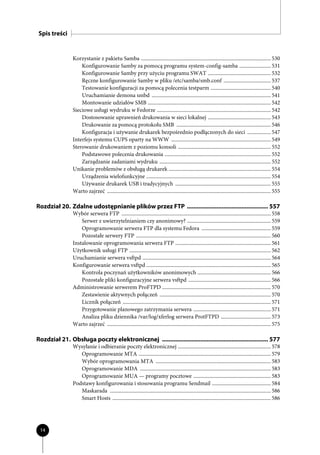 Spis treści


                Korzystanie z pakietu Samba ................................................................................................... 530
                    Konfigurowanie Samby za pomocą programu system-config-samba ........................ 531
                    Konfigurowanie Samby przy użyciu programu SWAT ................................................ 532
                    Ręczne konfigurowanie Samby w pliku /etc/samba/smb.conf .................................... 537
                    Testowanie konfiguracji za pomocą polecenia testparm .............................................. 540
                    Uruchamianie demona smbd ........................................................................................... 541
                    Montowanie udziałów SMB .............................................................................................. 542
                Sieciowe usługi wydruku w Fedorze ....................................................................................... 542
                    Dostosowanie uprawnień drukowania w sieci lokalnej ................................................ 543
                    Drukowanie za pomocą protokołu SMB ........................................................................ 546
                    Konfiguracja i używanie drukarek bezpośrednio podłączonych do sieci .................. 547
                Interfejs systemu CUPS oparty na WWW ............................................................................ 549
                Sterowanie drukowaniem z poziomu konsoli ....................................................................... 552
                    Podstawowe polecenia drukowania ................................................................................. 552
                    Zarządzanie zadaniami wydruku ..................................................................................... 552
                Unikanie problemów z obsługą drukarek .............................................................................. 554
                    Urządzenia wielofunkcyjne ............................................................................................... 554
                    Używanie drukarek USB i tradycyjnych ......................................................................... 555
                Warto zajrzeć ............................................................................................................................. 555

Rozdział 20. Zdalne udostępnianie plików przez FTP ................................................. 557
                Wybór serwera FTP .................................................................................................................. 558
                    Serwer z uwierzytelnianiem czy anonimowy? ................................................................ 559
                    Oprogramowanie serwera FTP dla systemu Fedora ..................................................... 559
                    Pozostałe serwery FTP ....................................................................................................... 560
                Instalowanie oprogramowania serwera FTP ......................................................................... 561
                Użytkownik usługi FTP ............................................................................................................ 562
                Uruchamianie serwera vsftpd .................................................................................................. 564
                Konfigurowanie serwera vsftpd ............................................................................................... 565
                    Kontrola poczynań użytkowników anonimowych ........................................................ 566
                    Pozostałe pliki konfiguracyjne serwera vsftpd ............................................................... 566
                Administrowanie serwerem ProFTPD ................................................................................... 570
                    Zestawienie aktywnych połączeń ..................................................................................... 570
                    Licznik połączeń ................................................................................................................. 571
                    Przygotowanie planowego zatrzymania serwera ........................................................... 571
                    Analiza pliku dziennika /var/log/xferlog serwera ProtFTPD ...................................... 573
                Warto zajrzeć ............................................................................................................................. 575

Rozdział 21. Obsługa poczty elektronicznej ................................................................ 577
                Wysyłanie i odbieranie poczty elektronicznej ....................................................................... 578
                   Oprogramowanie MTA ..................................................................................................... 579
                   Wybór oprogramowania MTA ........................................................................................ 583
                   Oprogramowanie MDA .................................................................................................... 583
                   Oprogramowanie MUA — programy pocztowe ........................................................... 583
                Podstawy konfigurowania i stosowania programu Sendmail ............................................. 584
                   Maskarada ........................................................................................................................... 586
                   Smart Hosts ......................................................................................................................... 586




 14
 
