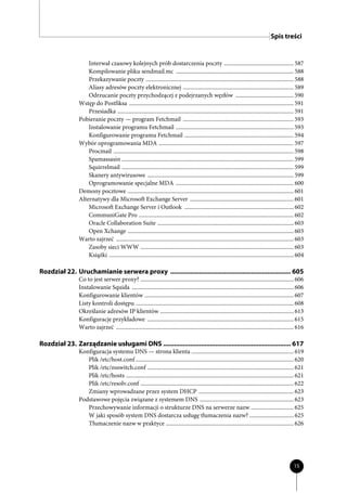 Spis treści


                    Interwał czasowy kolejnych prób dostarczenia poczty ................................................. 587
                    Kompilowanie pliku sendmail.mc ................................................................................... 588
                    Przekazywanie poczty ........................................................................................................ 588
                    Aliasy adresów poczty elektronicznej .............................................................................. 589
                    Odrzucanie poczty przychodzącej z podejrzanych węzłów ......................................... 590
                Wstęp do Postfiksa .................................................................................................................... 591
                    Przesiadka ............................................................................................................................ 591
                Pobieranie poczty — program Fetchmail .............................................................................. 593
                    Instalowanie programu Fetchmail ................................................................................... 593
                    Konfigurowanie programu Fetchmail ............................................................................. 594
                Wybór oprogramowania MDA ............................................................................................... 597
                    Procmail ............................................................................................................................... 598
                    Spamassasin ......................................................................................................................... 599
                    Squirrelmail ......................................................................................................................... 599
                    Skanery antywirusowe ....................................................................................................... 599
                    Oprogramowanie specjalne MDA ................................................................................... 600
                Demony pocztowe ..................................................................................................................... 601
                Alternatywy dla Microsoft Exchange Server ......................................................................... 601
                    Microsoft Exchange Server i Outlook ............................................................................. 602
                    CommuniGate Pro ............................................................................................................. 602
                    Oracle Collaboration Suite ................................................................................................ 603
                    Open Xchange ..................................................................................................................... 603
                Warto zajrzeć ............................................................................................................................. 603
                    Zasoby sieci WWW ............................................................................................................ 603
                    Książki .................................................................................................................................. 604

Rozdział 22. Uruchamianie serwera proxy ................................................................... 605
                Co to jest serwer proxy? ............................................................................................................ 606
                Instalowanie Squida .................................................................................................................. 606
                Konfigurowanie klientów ......................................................................................................... 607
                Listy kontroli dostępu ............................................................................................................... 608
                Określanie adresów IP klientów .............................................................................................. 613
                Konfiguracje przykładowe ....................................................................................................... 615
                Warto zajrzeć ............................................................................................................................. 616

Rozdział 23. Zarządzanie usługami DNS ....................................................................... 617
                Konfiguracja systemu DNS — strona klienta ........................................................................ 619
                   Plik /etc/host.conf ............................................................................................................... 620
                   Plik /etc/nsswitch.conf ....................................................................................................... 621
                   Plik /etc/hosts ...................................................................................................................... 621
                   Plik /etc/resolv.conf ............................................................................................................ 622
                   Zmiany wprowadzane przez system DHCP ................................................................... 623
                Podstawowe pojęcia związane z systemem DNS .................................................................. 623
                   Przechowywanie informacji o strukturze DNS na serwerze nazw .............................. 625
                   W jaki sposób system DNS dostarcza usługę tłumaczenia nazw? ............................... 625
                   Tłumaczenie nazw w praktyce .......................................................................................... 626




                                                                                                                                                           15
 