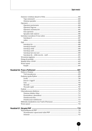 Spis treści


                  Zmienne i struktury danych w Perlu ...................................................................................... 682
                      Typy zmiennych ................................................................................................................. 682
                      Zmienne specjalne .............................................................................................................. 683
                  Operatory .................................................................................................................................... 683
                      Operatory porównania ...................................................................................................... 684
                      Operatory logiczne ............................................................................................................. 685
                      Operatory arytmetyczne .................................................................................................... 685
                      Inne operatory .................................................................................................................... 686
                      Specjalne stałe znakowe ..................................................................................................... 686
                  Instrukcje warunkowe if oraz unless ...................................................................................... 686
                      Instrukcja if .......................................................................................................................... 687
                      unless .................................................................................................................................... 688
                  Pętle ............................................................................................................................................. 688
                      Instrukcja for ....................................................................................................................... 688
                      Instrukcja foreach ............................................................................................................... 689
                      Instrukcja while .................................................................................................................. 690
                      Instrukcja until .................................................................................................................... 690
                      Instrukcje last oraz next ..................................................................................................... 690
                      Instrukcje do…while oraz do…until ............................................................................... 691
                  Wyrażenia regularne ................................................................................................................. 691
                  Dostęp do powłoki .................................................................................................................... 692
                  Moduły Perla i CPAN ............................................................................................................... 693
                  Warto zajrzeć ............................................................................................................................. 695
                      Książki .................................................................................................................................. 695

Rozdział 26. Praca z Pythonem ...................................................................................... 697
                  Python w Linuksie ..................................................................................................................... 698
                      Tryb interaktywny .............................................................................................................. 699
                  Podstawy języka Python ........................................................................................................... 699
                      Liczby ................................................................................................................................... 700
                      Jeszcze o ciągach ................................................................................................................. 701
                      Listy ...................................................................................................................................... 704
                      Słowniki ............................................................................................................................... 706
                      Warunki i pętle ................................................................................................................... 707
                  Funkcje ........................................................................................................................................ 709
                  Ukierunkowanie obiektowe ..................................................................................................... 710
                      Zmienne obiektu i klasy .................................................................................................... 711
                      Konstruktory i destruktory ............................................................................................... 712
                      Dziedziczenie klas ............................................................................................................... 713
                      Dziedziczenie wielobazowe ............................................................................................... 715
                  Biblioteka standardowa oraz Vault of Parnassus .................................................................. 716
                  Warto zajrzeć ............................................................................................................................. 716

Rozdział 27. Skrypty PHP ............................................................................................... 719
                  Wprowadzenie do PHP ............................................................................................................ 720
                    Wywoływanie i opuszczanie trybu PHP ......................................................................... 721
                    Zmienne ............................................................................................................................... 721




                                                                                                                                                                  17
 