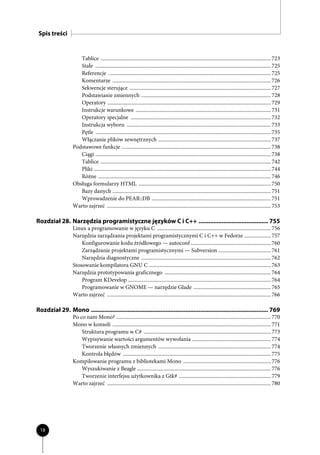 Spis treści


                      Tablice .................................................................................................................................. 723
                      Stałe ...................................................................................................................................... 725
                      Referencje ............................................................................................................................ 725
                      Komentarze ......................................................................................................................... 726
                      Sekwencje sterujące ............................................................................................................ 727
                      Podstawianie zmiennych ................................................................................................... 728
                      Operatory ............................................................................................................................. 729
                      Instrukcje warunkowe ....................................................................................................... 731
                      Operatory specjalne ........................................................................................................... 732
                      Instrukcja wyboru .............................................................................................................. 733
                      Pętle ...................................................................................................................................... 735
                      Włączanie plików zewnętrznych ...................................................................................... 737
                   Podstawowe funkcje .................................................................................................................. 738
                      Ciągi ...................................................................................................................................... 738
                      Tablice .................................................................................................................................. 742
                      Pliki ....................................................................................................................................... 744
                      Różne .................................................................................................................................... 746
                   Obsługa formularzy HTML ..................................................................................................... 750
                      Bazy danych ......................................................................................................................... 751
                      Wprowadzenie do PEAR::DB ........................................................................................... 751
                   Warto zajrzeć ............................................................................................................................. 753

Rozdział 28. Narzędzia programistyczne języków C i C++ .......................................... 755
                   Linux a programowanie w języku C ....................................................................................... 756
                   Narzędzia zarządzania projektami programistycznymi C i C++ w Fedorze .................... 757
                       Konfigurowanie kodu źródłowego — autoconf ............................................................. 760
                       Zarządzanie projektami programistycznymi — Subversion ........................................ 761
                       Narzędzia diagnostyczne ................................................................................................... 762
                   Stosowanie kompilatora GNU C ............................................................................................. 763
                   Narzędzia prototypowania graficznego ................................................................................. 764
                       Program KDevelop ............................................................................................................. 764
                       Programowanie w GNOME — narzędzie Glade ........................................................... 765
                   Warto zajrzeć ............................................................................................................................. 766

Rozdział 29. Mono ........................................................................................................... 769
                   Po co nam Mono? ...................................................................................................................... 770
                   Mono w konsoli ......................................................................................................................... 771
                       Struktura programu w C# ................................................................................................. 773
                       Wypisywanie wartości argumentów wywołania ............................................................ 774
                       Tworzenie własnych zmiennych ...................................................................................... 774
                       Kontrola błędów ................................................................................................................. 775
                   Kompilowanie programu z bibliotekami Mono ................................................................... 776
                       Wyszukiwanie z Beagle ...................................................................................................... 776
                       Tworzenie interfejsu użytkownika z Gtk# ...................................................................... 779
                   Warto zajrzeć ............................................................................................................................. 780




 18
 