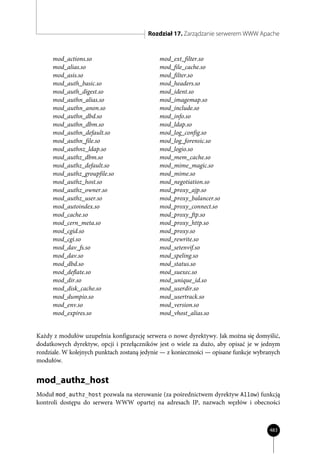 Rozdział 17. Zarządzanie serwerem WWW Apache


      mod_actions.so                          mod_ext_filter.so
      mod_alias.so                            mod_file_cache.so
      mod_asis.so                             mod_filter.so
      mod_auth_basic.so                       mod_headers.so
      mod_auth_digest.so                      mod_ident.so
      mod_authn_alias.so                      mod_imagemap.so
      mod_authn_anon.so                       mod_include.so
      mod_authn_dbd.so                        mod_info.so
      mod_authn_dbm.so                        mod_ldap.so
      mod_authn_default.so                    mod_log_config.so
      mod_authn_file.so                       mod_log_forensic.so
      mod_authnz_ldap.so                      mod_logio.so
      mod_authz_dbm.so                        mod_mem_cache.so
      mod_authz_default.so                    mod_mime_magic.so
      mod_authz_groupfile.so                  mod_mime.so
      mod_authz_host.so                       mod_negotiation.so
      mod_authz_owner.so                      mod_proxy_ajp.so
      mod_authz_user.so                       mod_proxy_balancer.so
      mod_autoindex.so                        mod_proxy_connect.so
      mod_cache.so                            mod_proxy_ftp.so
      mod_cern_meta.so                        mod_proxy_http.so
      mod_cgid.so                             mod_proxy.so
      mod_cgi.so                              mod_rewrite.so
      mod_dav_fs.so                           mod_setenvif.so
      mod_dav.so                              mod_speling.so
      mod_dbd.so                              mod_status.so
      mod_deflate.so                          mod_suexec.so
      mod_dir.so                              mod_unique_id.so
      mod_disk_cache.so                       mod_userdir.so
      mod_dumpio.so                           mod_usertrack.so
      mod_env.so                              mod_version.so
      mod_expires.so                          mod_vhost_alias.so


Każdy z modułów uzupełnia konfigurację serwera o nowe dyrektywy. Jak można się domyślić,
dodatkowych dyrektyw, opcji i przełączników jest o wiele za dużo, aby opisać je w jednym
rozdziale. W kolejnych punktach zostaną jedynie — z konieczności — opisane funkcje wybranych
modułów.


mod_authz_host
Moduł mod_authz_host pozwala na sterowanie (za pośrednictwem dyrektyw Allow) funkcją
kontroli dostępu do serwera WWW opartej na adresach IP, nazwach węzłów i obecności



                                                                                        483
 