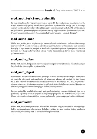 Rozdział 17. Zarządzanie serwerem WWW Apache



mod_auth_basic i mod_authn_file
Ta para modułów pełni rolę zarezerwowaną w wersji 2.0 dla pojedynczego modułu mod_auth,
a więc implementuje prostą metodę uwierzytelniania użytkowników bazującą na przechowy-
wanych w pliku użytkowników identyfikatorach i zaszyfrowanych hasłach. Plik użytkowników
jest podobny do systemowego pliku /etc/passwd; tworzy się go i wypełnia poleceniem htpasswd.
Uwierzytelnianiu poświęcony był podrozdział „Uwierzytelnianie i kontrola dostępu”.


mod_authn_anon
Moduł mod_authn_anon implementuje uwierzytelnianie anonimowe, podobne do znanego
z serwerów FTP. Moduł pozwala na określenie identyfikatorów użytkowników tych klientów,
którzy łączą się z serwerem jako goście. Kiedy taki użytkownik próbuje się zalogować, zostanie
zapytany o podanie hasła w postaci adresu poczty elektronicznej. Serwer może rejestrować
podawane adresy.


mod_authn_dbm
Moduł mod_authn_dbm pozwala na wykorzystywanie przy uwierzytelnianiu pliku bazy danych
Berkeley DB w miejsce pliku użytkowników.


mod_auth_digest
Rozszerzenie modułu uwierzytelniania prostego; w trybie uwierzytelniania Digest użytkownik
nie przesyła informacji uwierzytelniających otwartym tekstem, ale szyfruje je algorytmem
MD5. Taki schemat uwierzytelniania został zdefiniowany w dokumencie RFC 2617. W porówna-
niu z metodą uwierzytelniania prostego uwierzytelnianie to jest dużo bezpieczniejsze. Niestety, nie
wszystkie przeglądarki WWW obsługują tę metodę uwierzytelniania.

Do tworzenia pliku haseł dla tej metody uwierzytelniania służy program htdigest. Jego opcje
pokrywają się mniej więcej z opcjami analogicznego programu dla metody Basic, htpasswd.
Więcej informacji można znaleźć na stronie podręcznika systemowego pod hasłem htdigest.


mod_autoindex
Moduł mod_autoindex pozwala na dynamiczne tworzenie listy plików indeksu katalogowego.
Indeks jest uzupełniany informacjami dodatkowymi tak, aby przypominał listingi katalogów
uzyskiwane podczas sesji FTP za pośrednictwem polecenia ls.




                                                                                              485
 