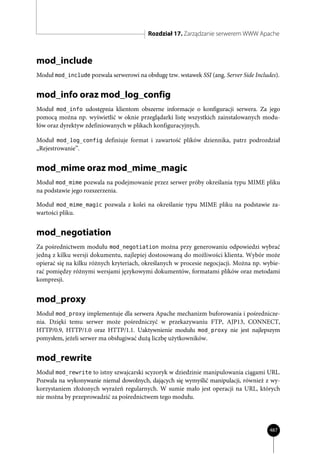 Rozdział 17. Zarządzanie serwerem WWW Apache



mod_include
Moduł mod_include pozwala serwerowi na obsługę tzw. wstawek SSI (ang. Server Side Includes).


mod_info oraz mod_log_config
Moduł mod_info udostępnia klientom obszerne informacje o konfiguracji serwera. Za jego
pomocą można np. wyświetlić w oknie przeglądarki listę wszystkich zainstalowanych modu-
łów oraz dyrektyw zdefiniowanych w plikach konfiguracyjnych.

Moduł mod_log_config definiuje format i zawartość plików dziennika, patrz podrozdział
„Rejestrowanie”.


mod_mime oraz mod_mime_magic
Moduł mod_mime pozwala na podejmowanie przez serwer próby określania typu MIME pliku
na podstawie jego rozszerzenia.

Moduł mod_mime_magic pozwala z kolei na określanie typu MIME pliku na podstawie za-
wartości pliku.


mod_negotiation
Za pośrednictwem modułu mod_negotiation można przy generowaniu odpowiedzi wybrać
jedną z kilku wersji dokumentu, najlepiej dostosowaną do możliwości klienta. Wybór może
opierać się na kilku różnych kryteriach, określanych w procesie negocjacji. Można np. wybie-
rać pomiędzy różnymi wersjami językowymi dokumentów, formatami plików oraz metodami
kompresji.


mod_proxy
Moduł mod_proxy implementuje dla serwera Apache mechanizm buforowania i pośrednicze-
nia. Dzięki temu serwer może pośredniczyć w przekazywaniu FTP, AJP13, CONNECT,
HTTP/0.9, HTTP/1.0 oraz HTTP/1.1. Uaktywnienie modułu mod_proxy nie jest najlepszym
pomysłem, jeżeli serwer ma obsługiwać dużą liczbę użytkowników.


mod_rewrite
Moduł mod_rewrite to istny szwajcarski scyzoryk w dziedzinie manipulowania ciągami URL.
Pozwala na wykonywanie niemal dowolnych, dających się wymyślić manipulacji, również z wy-
korzystaniem złożonych wyrażeń regularnych. W sumie mało jest operacji na URL, których
nie można by przeprowadzić za pośrednictwem tego modułu.




                                                                                        487
 