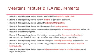 Meertens Institute & TLA requirements
• [Home-1] The repository should support arbitrary deep collection hierarchies.
• [H...