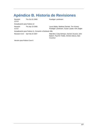 Apéndice B. Historia de Revisiones
Revisión         Thu Oct 01 2009                Ruediger Landmann
12.0.0
Actualización para Fedora 12
Revisión         Thu Apr 23 2009                Laura Bailey, Matthew Daniels, Tim Kramer,
11.0.0                                          Ruediger Landmann, Susan Lauber, Kirk Ziegler
Actualización para Fedora 11, Convertir a Docbook XML
Revisión 0.6.0   Sat Feb 24 2007                Matt Bird, Cody DeHaan, Damien Durand, John
                                                Babich, Paul W. Frields, Dimitris Glezos, Bart
                                                Couvreur
Versión para Fedora Core 6




                                                                                            107
 