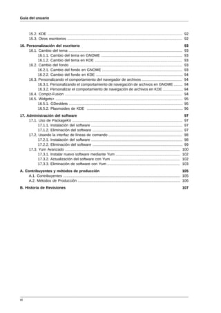 Guía del usuario



       15.2. KDE ......................................................................................................................... 92
       15.3. Otros escritorios ....................................................................................................... 92
16. Personalización del escritorio                                                                                                       93
     16.1. Cambio del tema ......................................................................................................        93
           16.1.1. Cambio del tema en GNOME .........................................................................                    93
           16.1.2. Cambio del tema en KDE ..............................................................................                 93
     16.2. Cambio del fondo .....................................................................................................        93
           16.2.1. Cambio del fondo en GNOME ........................................................................                    93
           16.2.2. Cambio del fondo en KDE ..............................................................................                94
     16.3. Personalizando el comportamiento del navegador de archivos ....................................                               94
           16.3.1. Personalizando el comportamiento de navegación de archivos en GNOME ........                                          94
           16.3.2. Personalizar el comportamiento de navegación de archivos en KDE ..................                                    94
     16.4. Compiz-Fusion .........................................................................................................       94
     16.5. Widgets> ..................................................................................................................   95
           16.5.1. GDesklets ......................................................................................................      95
           16.5.2. Plasmoides de KDE ......................................................................................              96
17. Administración del software                                                                                                  97
     17.1. Uso de PackageKit ................................................................................................... 97
           17.1.1. Instalación del software .................................................................................. 97
           17.1.2. Eliminación del software ................................................................................. 97
     17.2. Usando la interfaz de líneas de comando .................................................................. 98
           17.2.1. Instalación del software .................................................................................. 98
           17.2.2. Eliminación del software ................................................................................. 99
     17.3. Yum Avanzado ....................................................................................................... 100
           17.3.1. Instalar nuevo software mediante Yum .......................................................... 102
           17.3.2. Actualización del software con Yum .............................................................. 102
           17.3.3. Eliminación de software con Yum ................................................................. 103
A. Contribuyentes y métodos de producción                                                                                          105
     A.1. Contribuyentes ......................................................................................................... 105
     A.2. Métodos de Producción ............................................................................................ 106
B. Historia de Revisiones                                                                                                              107




vi
 