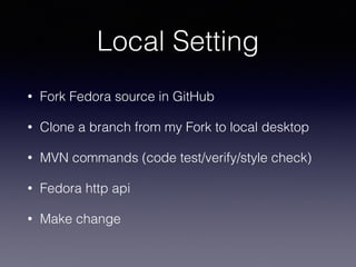 Local Setting
• Fork Fedora source in GitHub
• Clone a branch from my Fork to local desktop
• MVN commands (code test/verify/style check)
• Fedora http api
• Make change
 