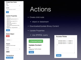 Actions
• Create child node
• object or datastream
• Downloaded/Update Binary Content
• Update Properties
• Use SPARQL query
 