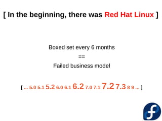 [ In the beginning, there was Red Hat Linux ]



                  Boxed set every 6 months
                                   ==
                     Failed business model


     [ ... 5.0 5.1 5.2 6.0 6.1   6.2 7.0 7.1 7.2 7.3 8 9 ... ]
 