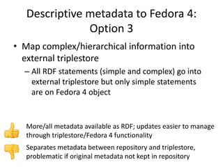 Descriptive metadata to Fedora 4:
Option 3
• Map complex/hierarchical information into
external triplestore
– All RDF statements (simple and complex) go into
external triplestore but only simple statements
are on Fedora 4 object
Separates metadata between repository and triplestore,
problematic if original metadata not kept in repository
More/all metadata available as RDF; updates easier to manage
through triplestore/Fedora 4 functionality
 