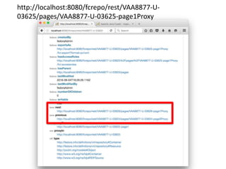 METS as PCDM in Fedora – SPARQL
query
select DISTINCT ?document ?firstPage ?nextPage where {
{ <http://localhost:8080/fcre...