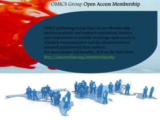 OMICS Group Open Access Membership 
OMICS publishing Group Open Access Membership 
enables academic and research institutions, funders 
and corporations to actively encourage open access in 
scholarly communication and the dissemination of 
research published by their authors. 
For more details and benefits, click on the link below: 
http://omicsonline.org/membership.php 
