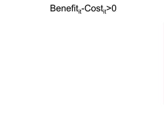 Benefitit-Costit>0
𝑌𝑖𝑡
1
− 𝑌𝑖𝑡
0
− 𝐶𝑖𝑡 > 0
𝛽1 − 𝐶𝑖𝑡 > 0
𝛽1 − 𝜌0 + 𝜌1 ∙ 𝑥𝑖𝑡 + 𝜌2 ∙ 𝜇𝑖 > 0
 