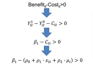 Benefitit-Costit>0
𝑌𝑖𝑡
1
− 𝑌𝑖𝑡
0
− 𝐶𝑖𝑡 > 0
𝛽1 − 𝐶𝑖𝑡 > 0
𝛽1 − 𝜌0 + 𝜌1 ∙ 𝑥𝑖𝑡 + 𝜌2 ∙ 𝜇𝑖 > 0
 