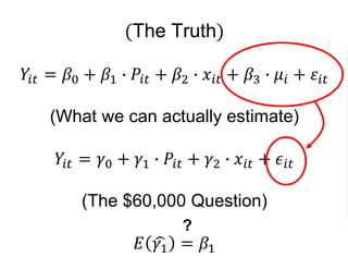 (The Truth)
𝑌𝑖𝑡 = 𝛽0 + 𝛽1 ∙ 𝑃𝑖𝑡 + 𝛽2 ∙ 𝑥𝑖𝑡 + 𝛽3 ∙ 𝜇𝑖 + 𝜀𝑖𝑡
(What we can actually estimate)
𝑌𝑖𝑡 = 𝛾0 + 𝛾1 ∙ 𝑃𝑖𝑡 + 𝛾2 ∙ 𝑥𝑖𝑡 + 𝜖𝑖𝑡
(The $60,000 Question)
𝐸 𝛾1 = 𝛽1
?
 