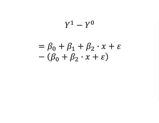 𝑌1 − 𝑌0
= 𝛽0 + 𝛽1 + 𝛽2 ∙ 𝑥 + 𝜀
− 𝛽0 + 𝛽2 ∙ 𝑥 + 𝜀
= 𝛽0 + 𝛽1 + 𝜖 − 𝛽0 − 𝜖
= 𝛽1
 