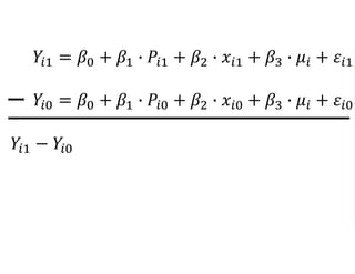 𝑌𝑖1 = 𝛽0 + 𝛽1 ∙ 𝑃𝑖1 + 𝛽2 ∙ 𝑥𝑖1 + 𝛽3 ∙ 𝜇𝑖 + 𝜀𝑖1
𝑌𝑖0 = 𝛽0 + 𝛽1 ∙ 𝑃𝑖0 + 𝛽2 ∙ 𝑥𝑖0 + 𝛽3 ∙ 𝜇𝑖 + 𝜀𝑖0
𝑌𝑖1 − 𝑌𝑖0
 