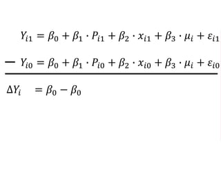 𝑌𝑖1 = 𝛽0 + 𝛽1 ∙ 𝑃𝑖1 + 𝛽2 ∙ 𝑥𝑖1 + 𝛽3 ∙ 𝜇𝑖 + 𝜀𝑖1
𝑌𝑖0 = 𝛽0 + 𝛽1 ∙ 𝑃𝑖0 + 𝛽2 ∙ 𝑥𝑖0 + 𝛽3 ∙ 𝜇𝑖 + 𝜀𝑖0
∆𝑌𝑖 = 𝛽0 − 𝛽0
 