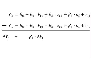 𝑌𝑖1 = 𝛽0 + 𝛽1 ∙ 𝑃𝑖1 + 𝛽2 ∙ 𝑥𝑖1 + 𝛽3 ∙ 𝜇𝑖 + 𝜀𝑖1
𝑌𝑖0 = 𝛽0 + 𝛽1 ∙ 𝑃𝑖0 + 𝛽2 ∙ 𝑥𝑖0 + 𝛽3 ∙ 𝜇𝑖 + 𝜀𝑖0
∆𝑌𝑖 = 𝛽1 ∙ ∆𝑃𝑖
 