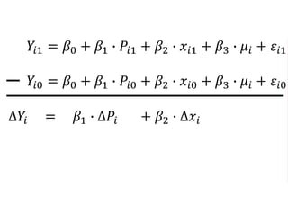 𝑌𝑖1 = 𝛽0 + 𝛽1 ∙ 𝑃𝑖1 + 𝛽2 ∙ 𝑥𝑖1 + 𝛽3 ∙ 𝜇𝑖 + 𝜀𝑖1
𝑌𝑖0 = 𝛽0 + 𝛽1 ∙ 𝑃𝑖0 + 𝛽2 ∙ 𝑥𝑖0 + 𝛽3 ∙ 𝜇𝑖 + 𝜀𝑖0
∆𝑌𝑖 = 𝛽1 ∙ ∆𝑃𝑖 + 𝛽2 ∙ ∆𝑥𝑖
 