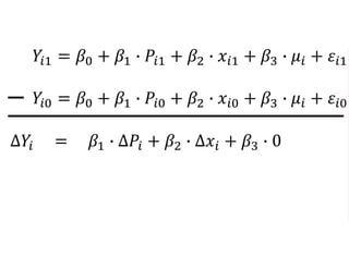 𝑌𝑖1 = 𝛽0 + 𝛽1 ∙ 𝑃𝑖1 + 𝛽2 ∙ 𝑥𝑖1 + 𝛽3 ∙ 𝜇𝑖 + 𝜀𝑖1
𝑌𝑖0 = 𝛽0 + 𝛽1 ∙ 𝑃𝑖0 + 𝛽2 ∙ 𝑥𝑖0 + 𝛽3 ∙ 𝜇𝑖 + 𝜀𝑖0
∆𝑌𝑖 = 𝛽1 ∙ ∆𝑃𝑖 + 𝛽2 ∙ ∆𝑥𝑖 + 𝛽3 ∙ 0
 