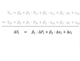 𝑌𝑖1 = 𝛽0 + 𝛽1 ∙ 𝑃𝑖1 + 𝛽2 ∙ 𝑥𝑖1 + 𝛽3 ∙ 𝜇𝑖 + 𝜀𝑖1
𝑌𝑖0 = 𝛽0 + 𝛽1 ∙ 𝑃𝑖0 + 𝛽2 ∙ 𝑥𝑖0 + 𝛽3 ∙ 𝜇𝑖 + 𝜀𝑖0
∆𝑌𝑖 = 𝛽1 ∙ ∆𝑃𝑖 + 𝛽2 ∙ ∆𝑥𝑖 + ∆𝜀𝑖
 