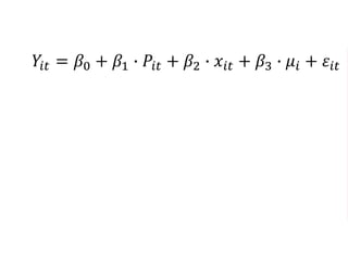 𝑌𝑖𝑡 = 𝛽0 + 𝛽1 ∙ 𝑃𝑖𝑡 + 𝛽2 ∙ 𝑥𝑖𝑡 + 𝛽3 ∙ 𝜇𝑖 + 𝜀𝑖𝑡
 