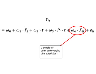 𝑌𝑖𝑡
= 𝜔0 + 𝜔1 ∙ 𝑃𝑖 + 𝜔2 ∙ 𝑡 + 𝜔3 ∙ 𝑃𝑖 ∙ 𝑡 + 𝜔4 ∙ 𝑋𝑖𝑡 + 𝜖𝑖𝑡
Controls for
other time-varying
characteristics
 