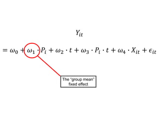 𝑌𝑖𝑡
= 𝜔0 + 𝜔1 ∙ 𝑃𝑖 + 𝜔2 ∙ 𝑡 + 𝜔3 ∙ 𝑃𝑖 ∙ 𝑡 + 𝜔4 ∙ 𝑋𝑖𝑡 + 𝜖𝑖𝑡
The “group mean”
fixed effect
 