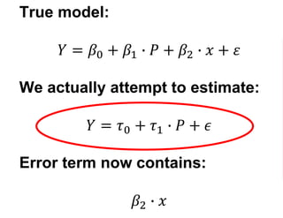 True model:
𝑌 = 𝛽0 + 𝛽1 ∙ 𝑃 + 𝛽2 ∙ 𝑥 + 𝜀
We actually attempt to estimate:
𝑌 = 𝜏0 + 𝜏1 ∙ 𝑃 + 𝜖
Error term now contains:
𝛽2 ∙ 𝑥
 