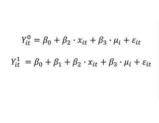 𝑌𝑖𝑡
0
= 𝛽0 + 𝛽2 ∙ 𝑥𝑖𝑡 + 𝛽3 ∙ 𝜇𝑖 + 𝜀𝑖𝑡
𝑌𝑖𝑡
1
= 𝛽0 + 𝛽1 + 𝛽2 ∙ 𝑥𝑖𝑡 + 𝛽3 ∙ 𝜇𝑖 + 𝜀𝑖𝑡
 