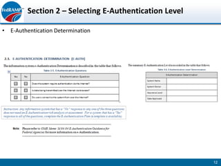 Section 2 – Selecting E-Authentication Level

• E-Authentication Determination




                                                        12
 