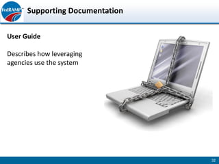 Supporting Documentation

User Guide

Describes how leveraging
agencies use the system




                                 32
 