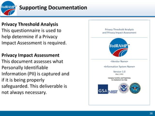 Supporting Documentation

Privacy Threshold Analysis
This questionnaire is used to
help determine if a Privacy
Impact Assessment is required.

Privacy Impact Assessment
This document assesses what
Personally Identifiable
Information (PII) is captured and
if it is being properly
safeguarded. This deliverable is
not always necessary.


                                    38
 